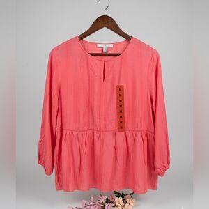 ​New with Tags! Boho Coral Peplum Blouse - Lace & Pintuck Details - Size Medium